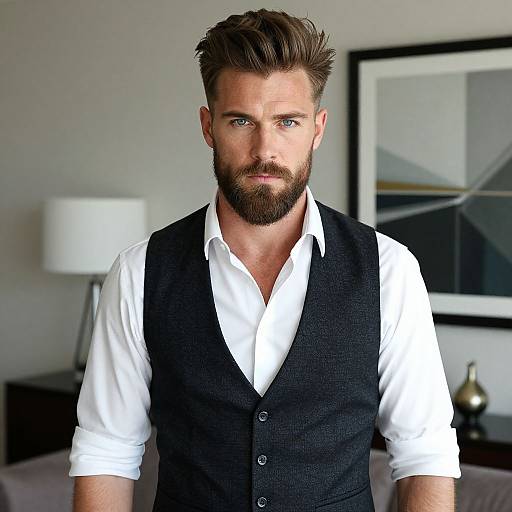 Confident Man in White Shirt and Dark Vest Indoor Portrait