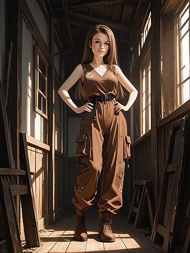 Confident Woman in Brown Utility Jumpsuit Standing in Rustic Corridor