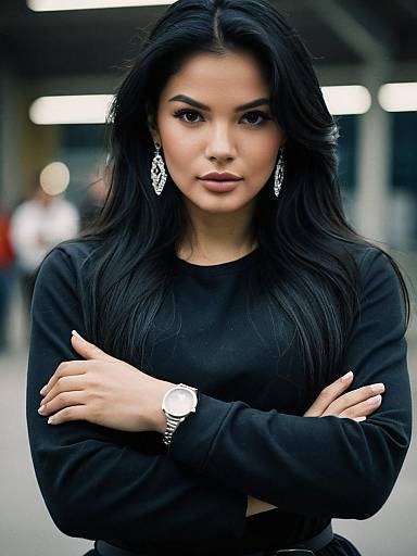 Confident Woman in Black Outfit with Silver Jewelry and Watch