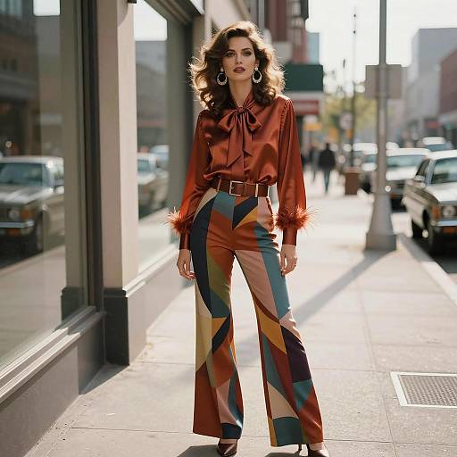 Retro Chic Woman in Geometric Wide-Leg Pants and Satin Blouse on City Street