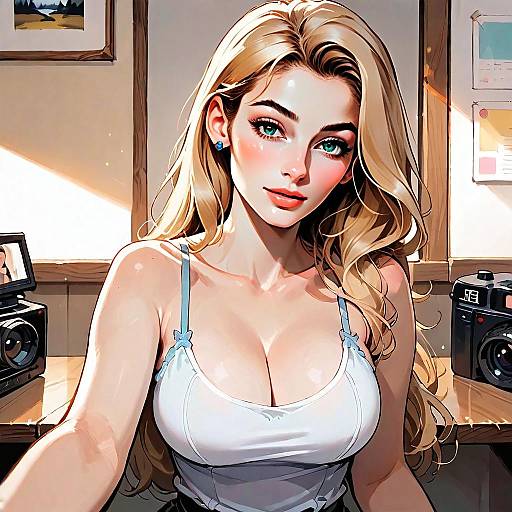 Blonde Woman Portrait in Anime Style with Vintage Cameras