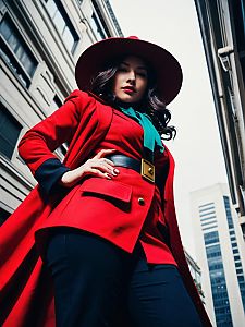 Dramatic Low Angle Cosplay Photo of Woman in Carmen Sandiego Costume