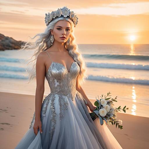 Elegant Bride in Silver Lace Gown with Floral Crown on Sunset Beach