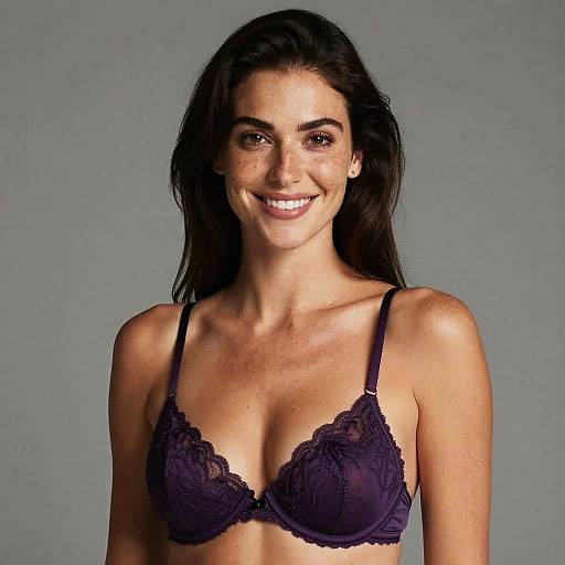 Smiling Woman in Purple Lace Bra Studio Portrait