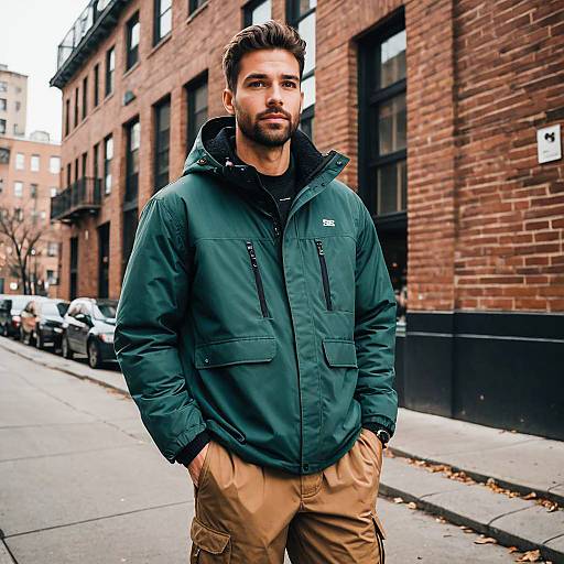 Young Man Wearing Green Hooded Jacket on Urban Street