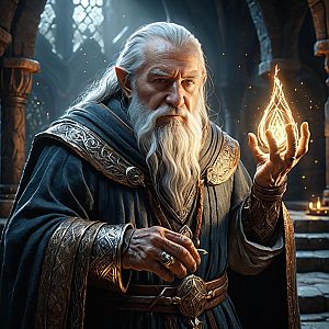 Wise Old Man Conjuring Flame in Gothic Hall