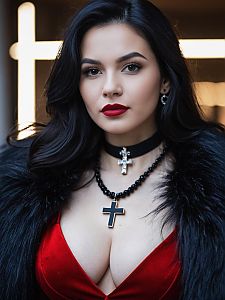 Glamorous Woman in Red Velvet Dress with Cross Necklaces