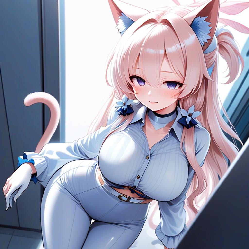 Anime Catgirl Woman in Stylish Blue Outfit - Blue Archive Inspired Artwork