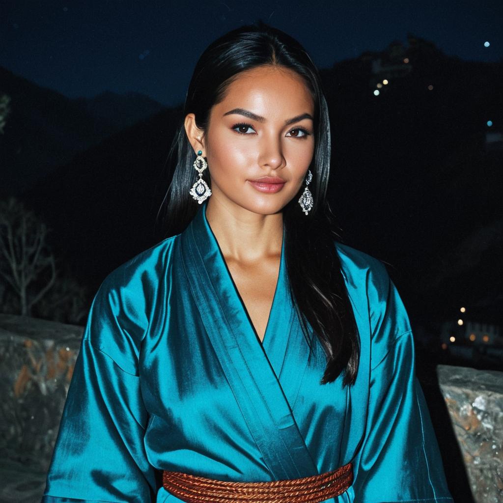 Elegant Woman Wearing Teal Satin Kimono Robe at Night Outdoors