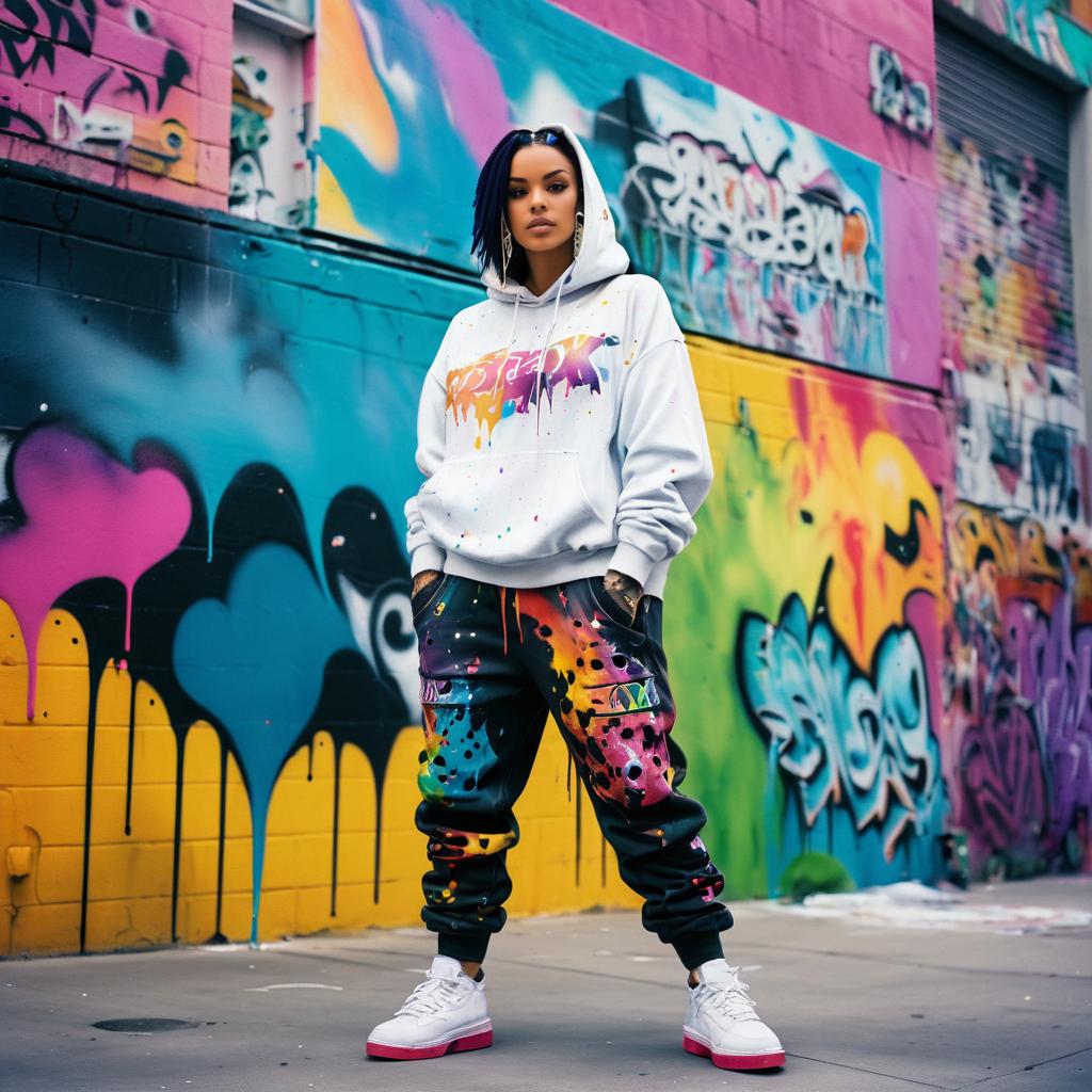 Confident woman in street style by graffiti wall