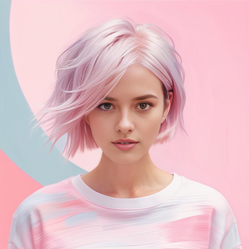 Young Woman with Pastel Pink Hair Against Abstract Background