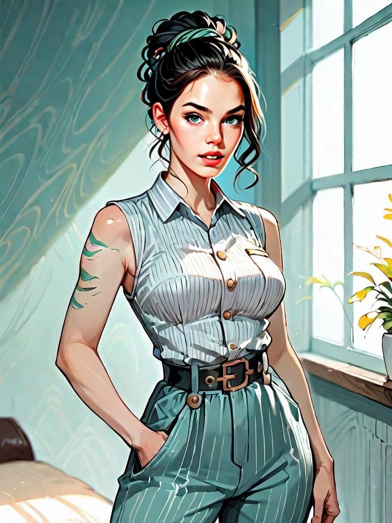 Stylish Young Woman by Window in Semi-Realistic Digital Art