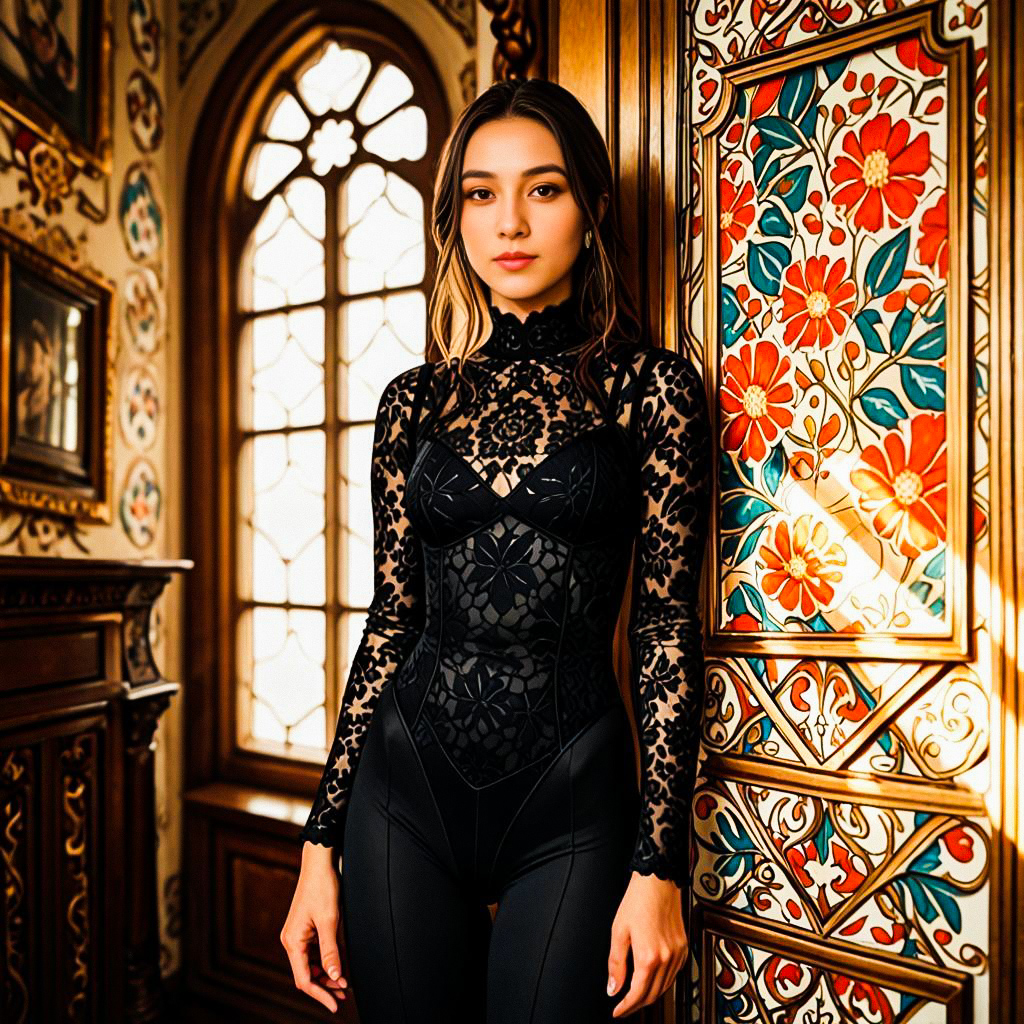 Elegant Woman in Black Lace Bodysuit in Luxurious Interior Elegant Woman in Black Lace Bodysuit in Luxurious Interior