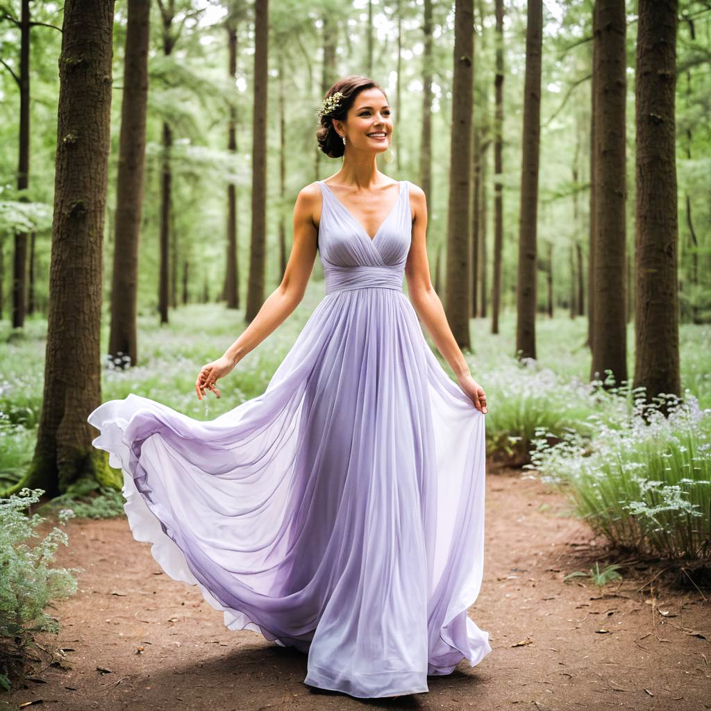 Woman in Lavender Gown Twirling in Forest