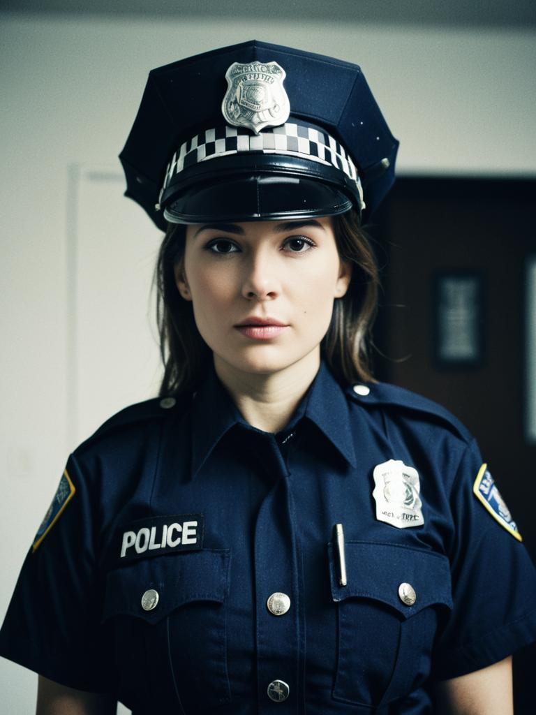 Woman in Police Costume Waist Up Editorial Portrait Photorealistic