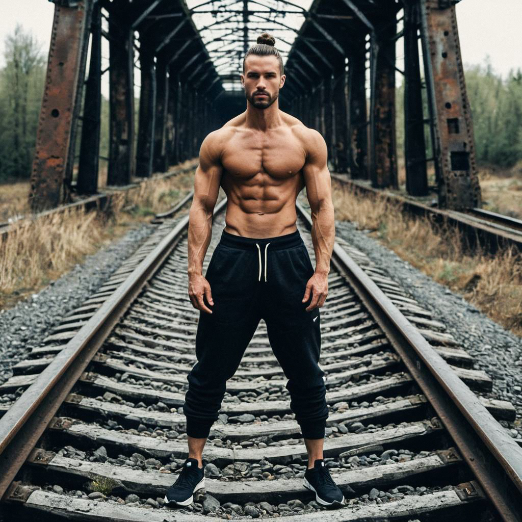 Muscular Man Shirtless on Railroad Tracks