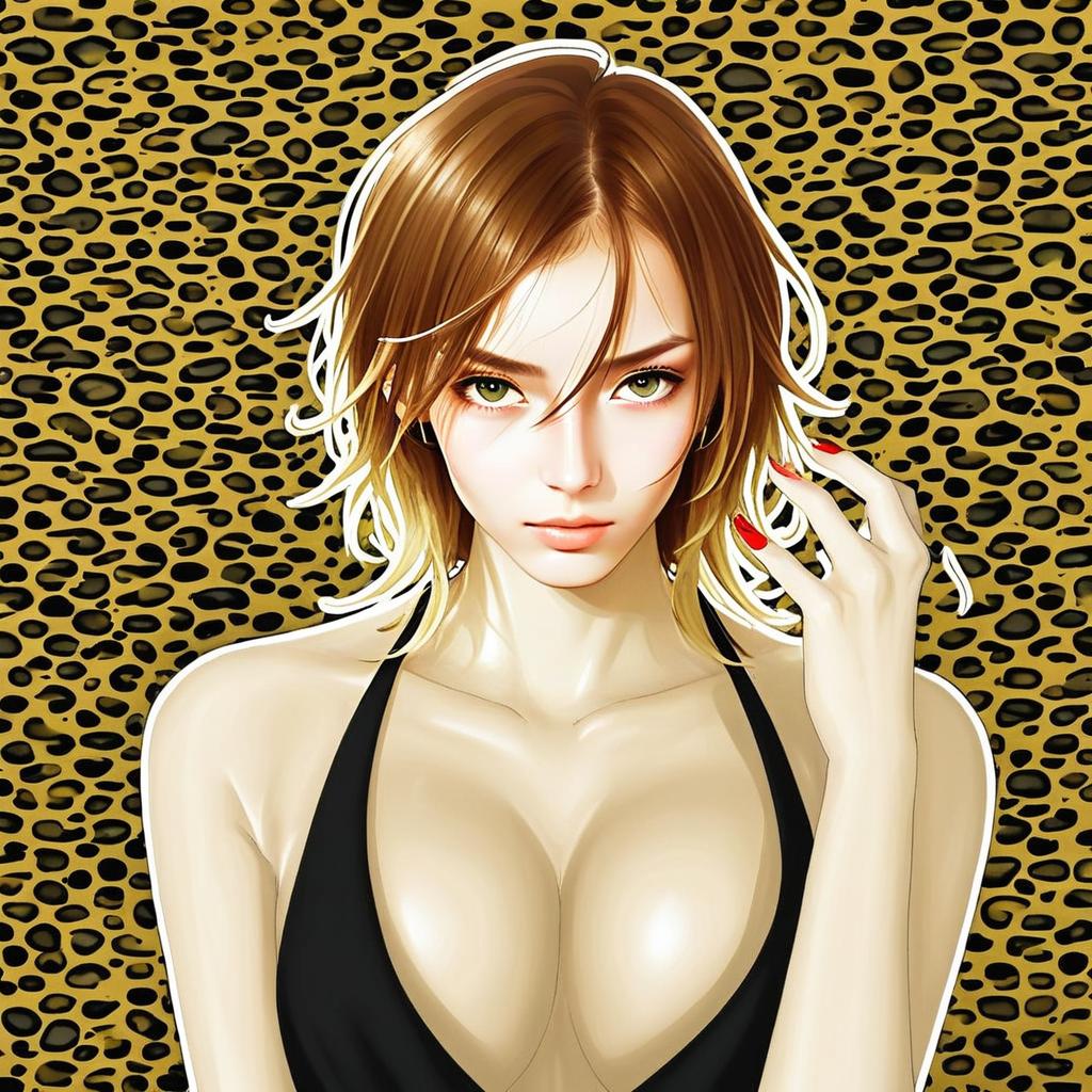 Anime Woman with Leopard Print Background and Black Halter Top Illustration