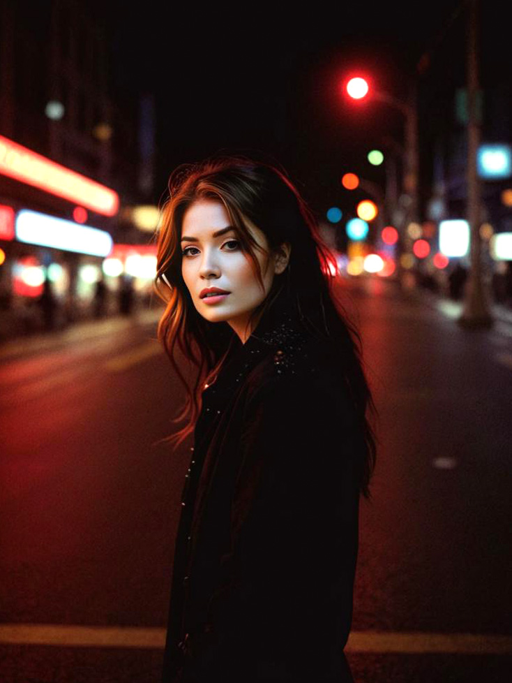 Woman in Dark Coat Under Neon Lights