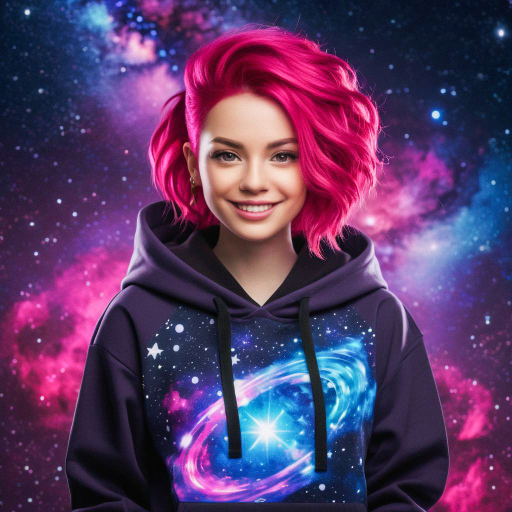Vibrant Portrait of a Young Woman with Pink Hair in Cosmic Hoodie