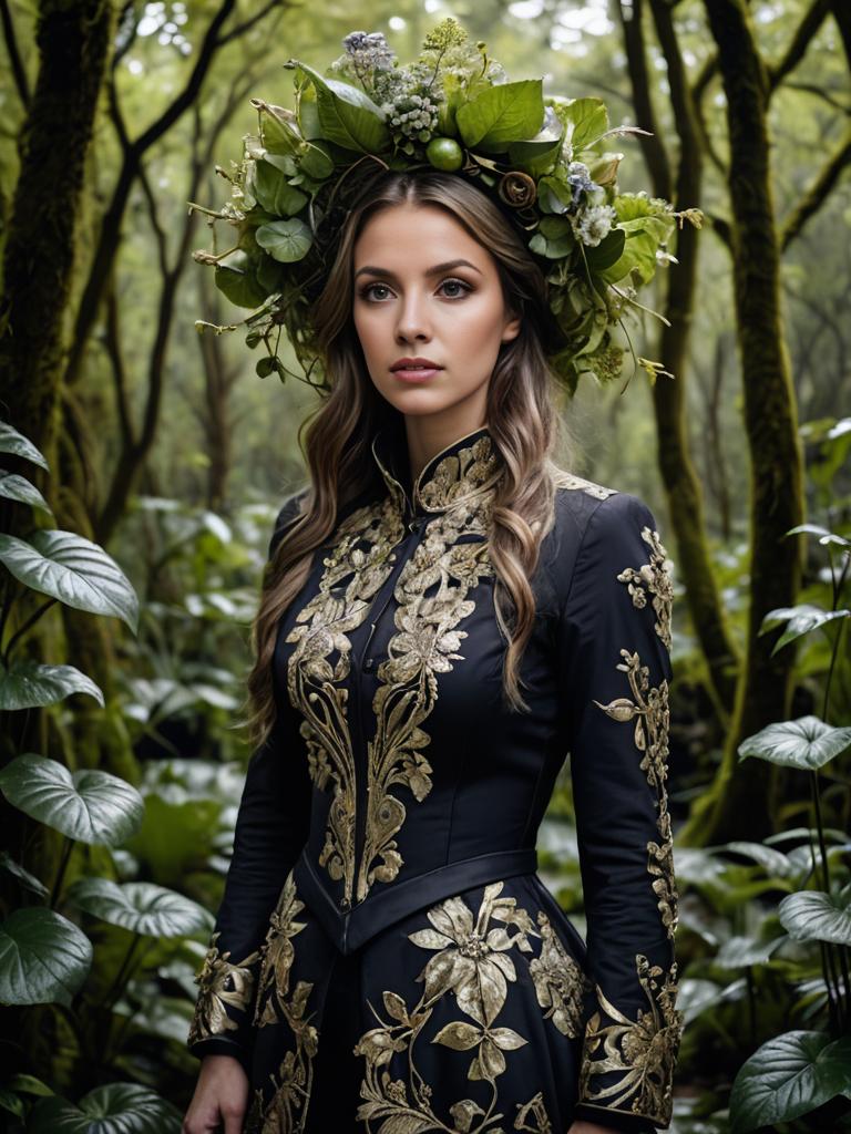 Enchanting Woman in Floral Crown and Black Gown