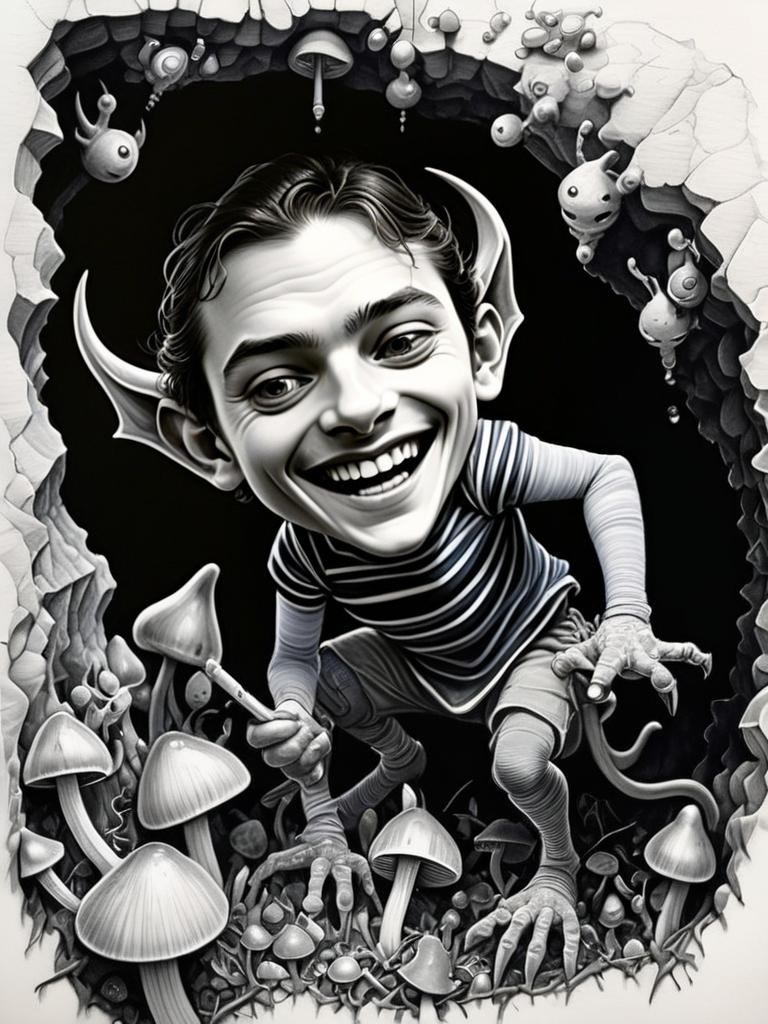 Surreal Black and White Artwork of Mischievous Elf-like Figure Surreal Black and White Artwork of Mischievous Elf-like Figure