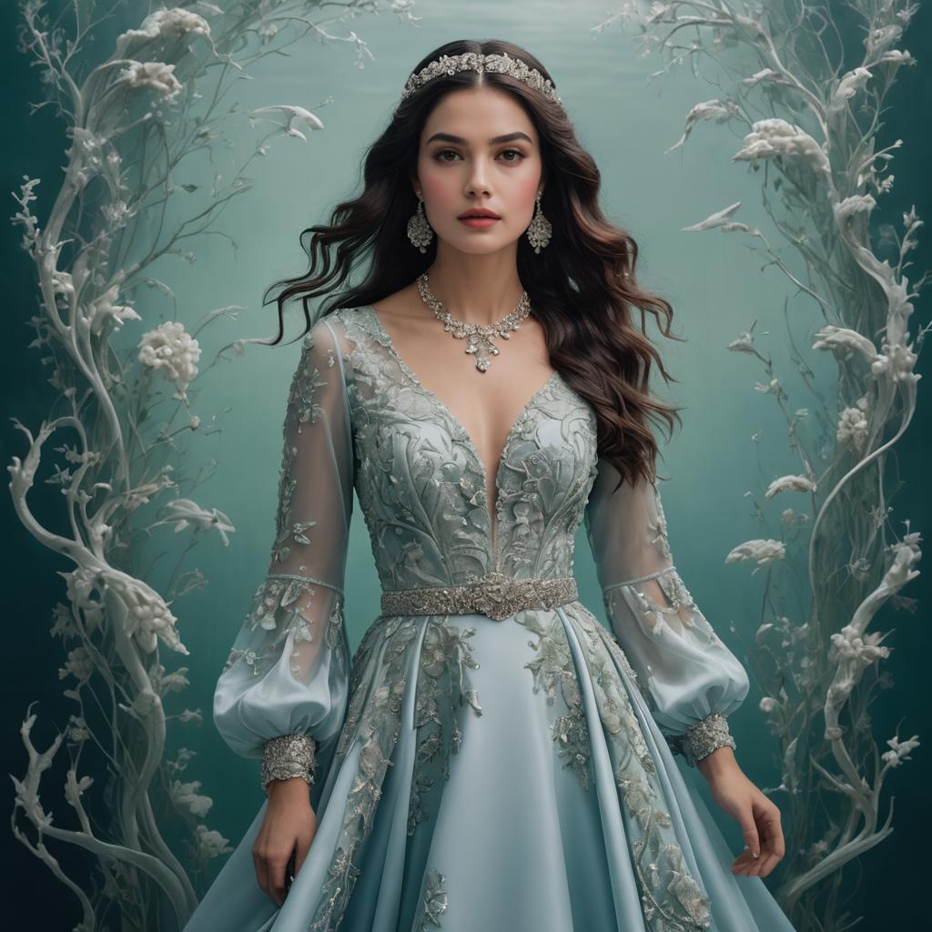 Elegant Woman in Embroidered Pale Blue Gown with Jewelry and Floral Backdrop