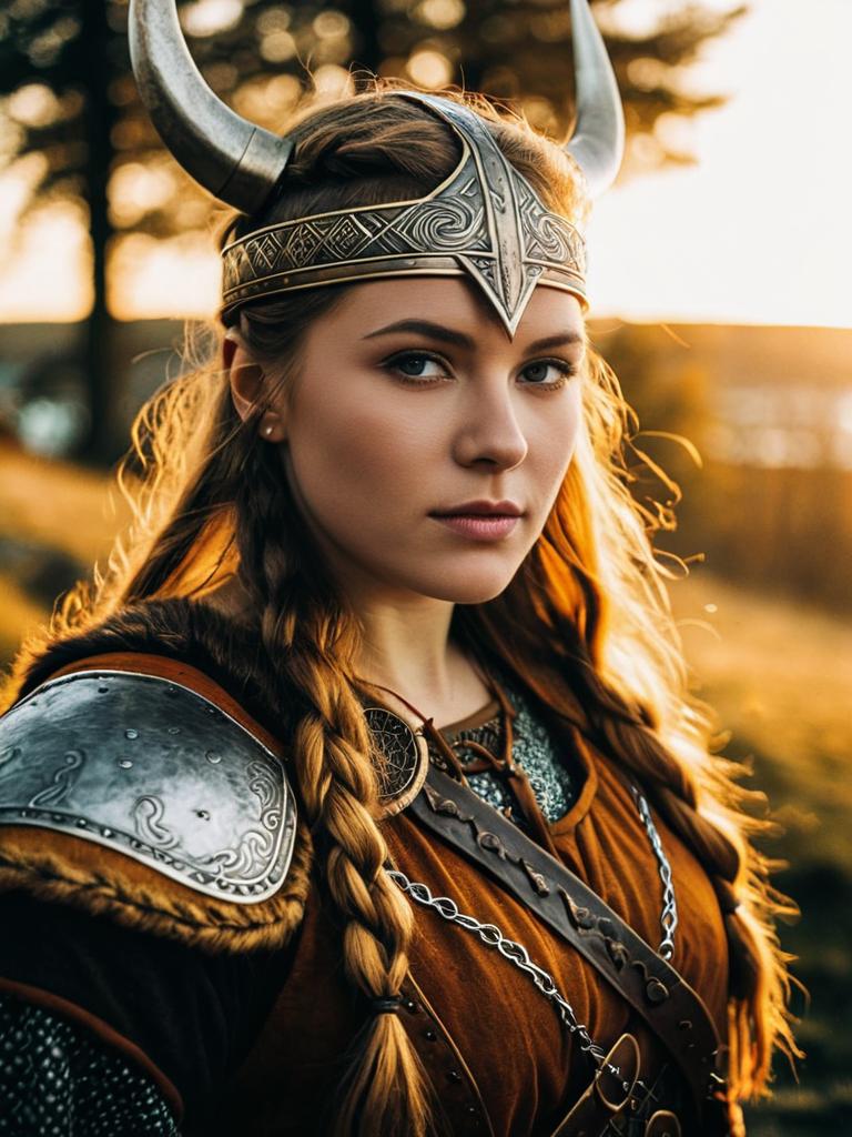 Woman in Viking Costume Photorealistic Golden Hour Outdoor Portrait