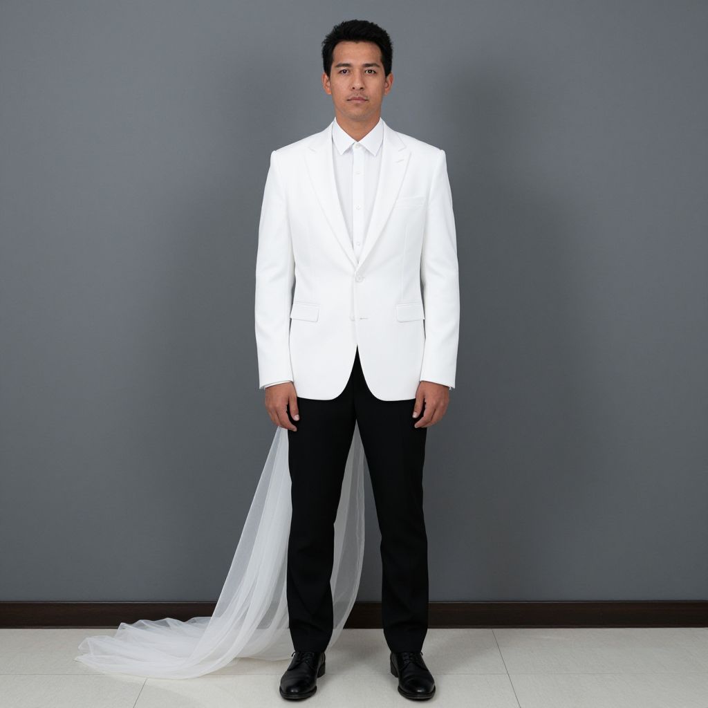 Man Wearing White Blazer with Bridal Veil in Studio