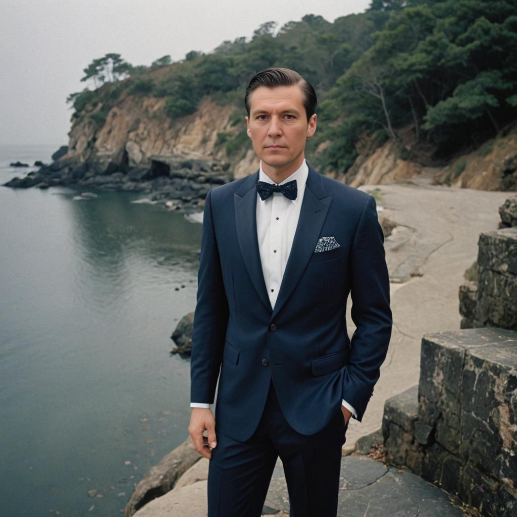 Man in Navy Suit by Rocky Seaside