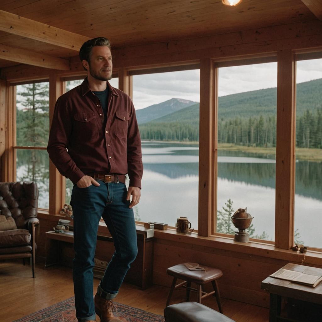 Man in Cozy Cabin with Lake and Mountain View