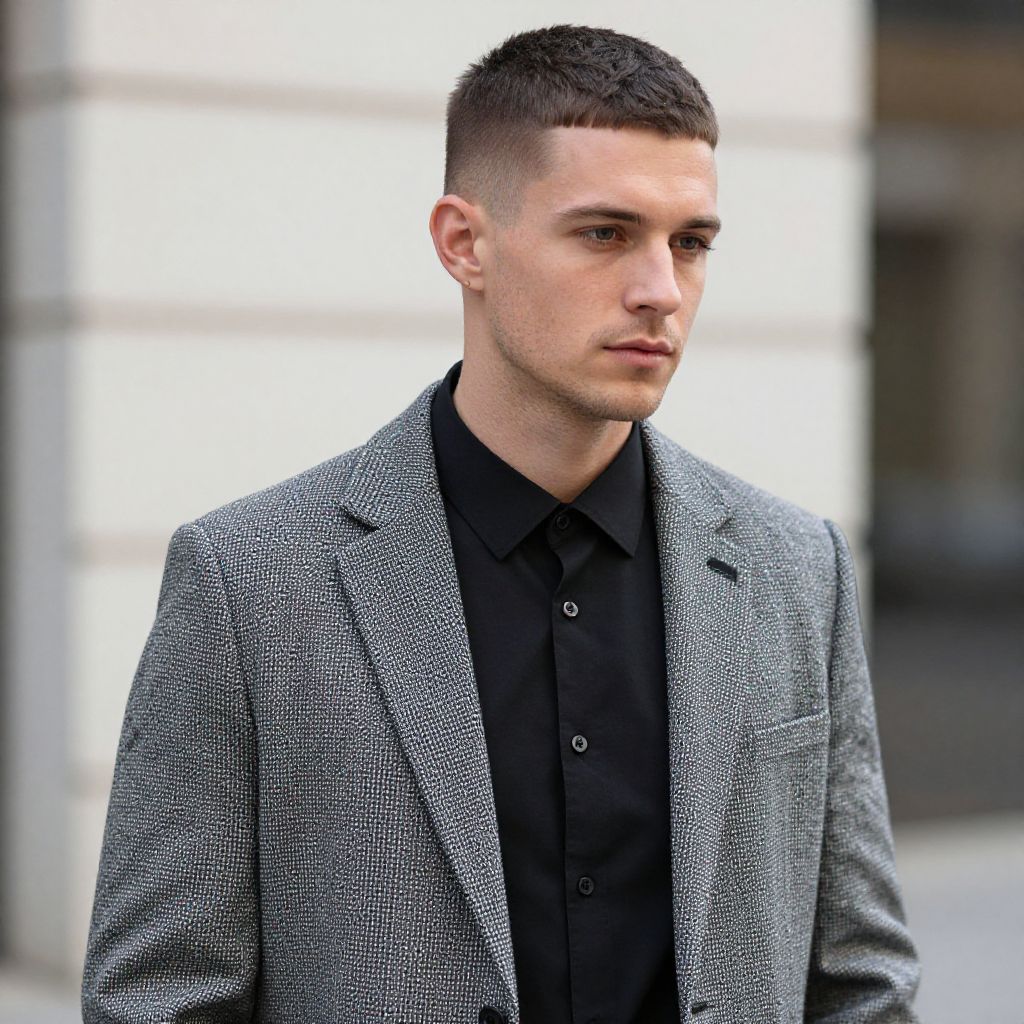 Young Man Wearing Textured Gray Blazer with Black Shirt Urban Portrait