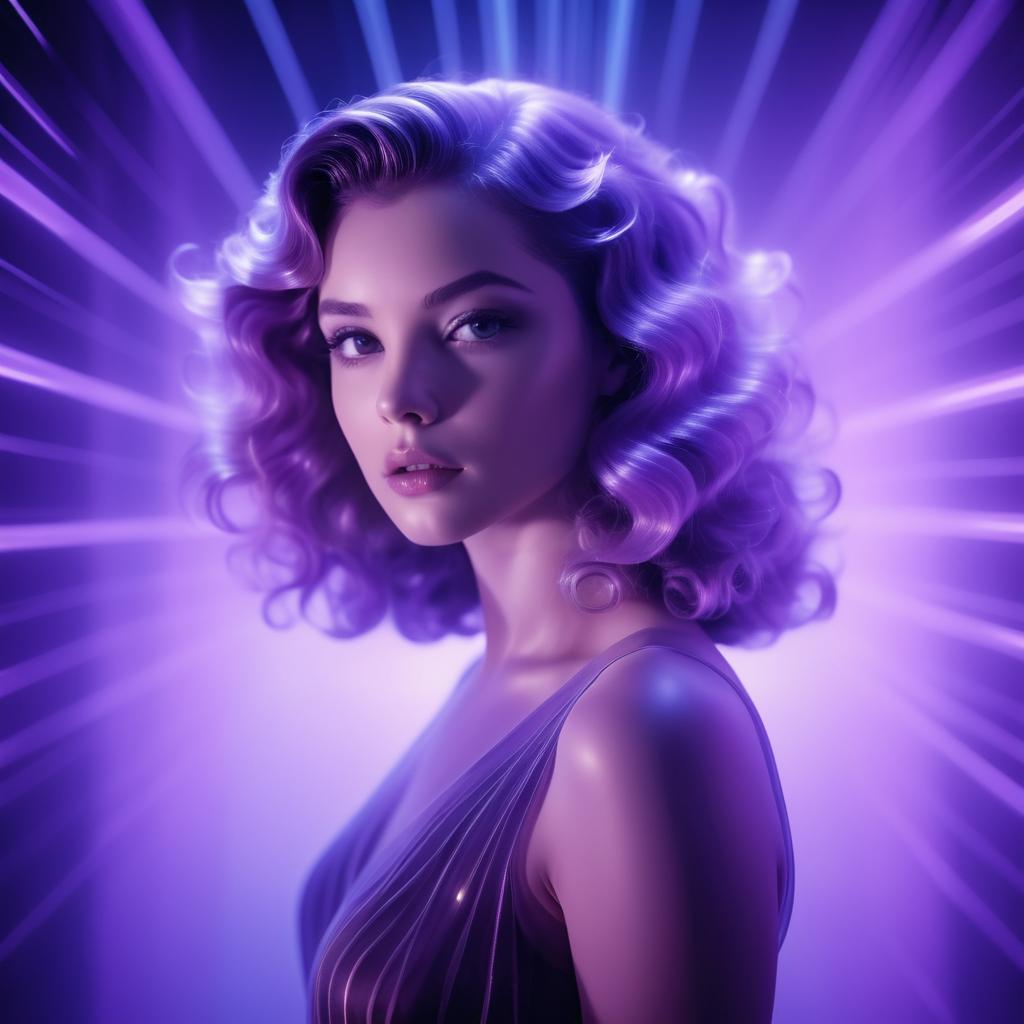 Glamorous Woman with Voluminous Curls in Purple Light