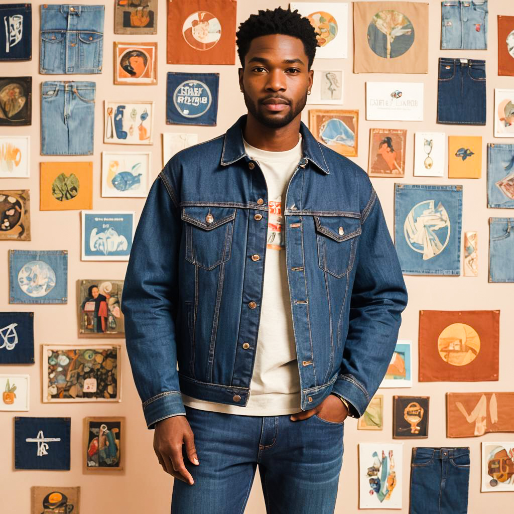 Stylish Man in Denim Jacket with Vintage Art Background