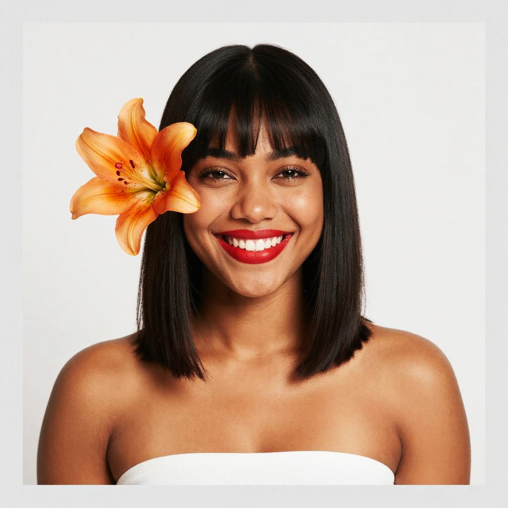 Young Woman Smiling with Orange Lily Flower and Red Lipstick