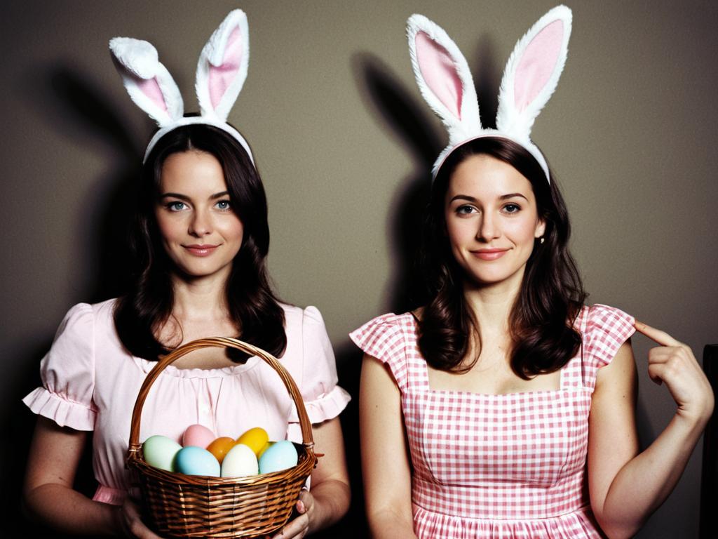 Two Women in Bunny Ears with Easter Eggs Basket and Pink Dresses