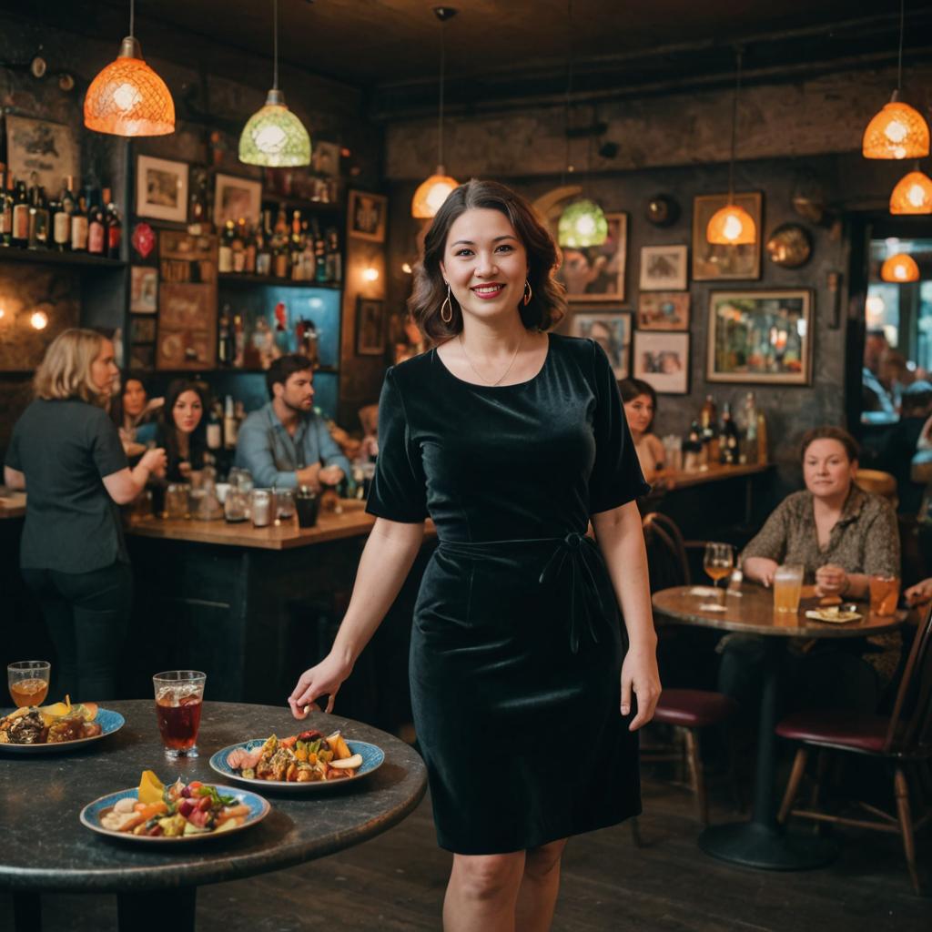 Confident Woman in Elegant Black Dress at Bustling Bar