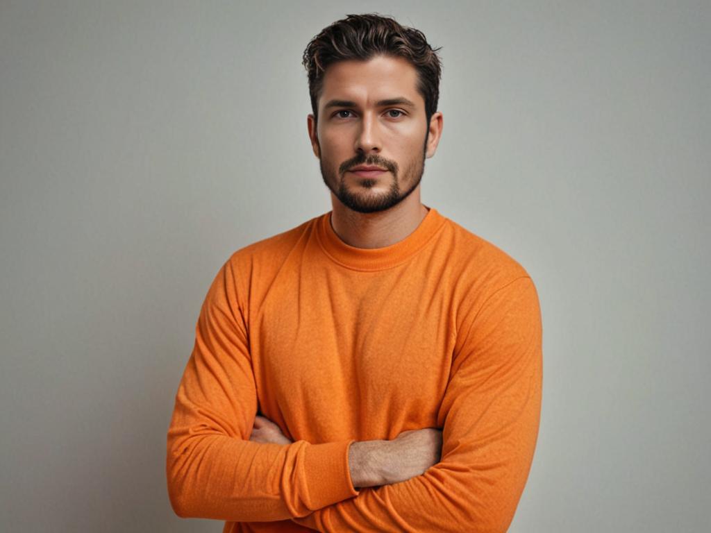 Man in orange sweater with crossed arms