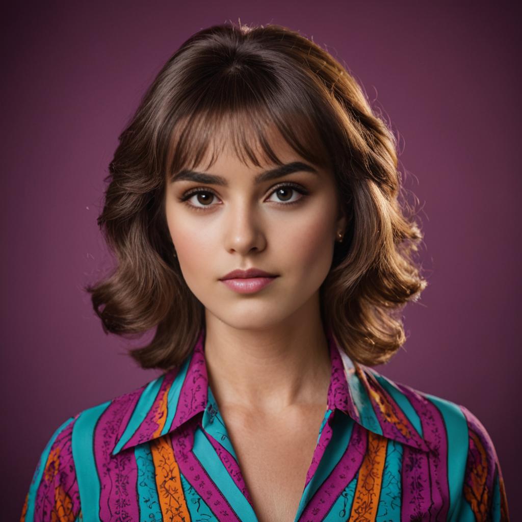 Woman with 70s Hairstyle and Vibrant Blouse