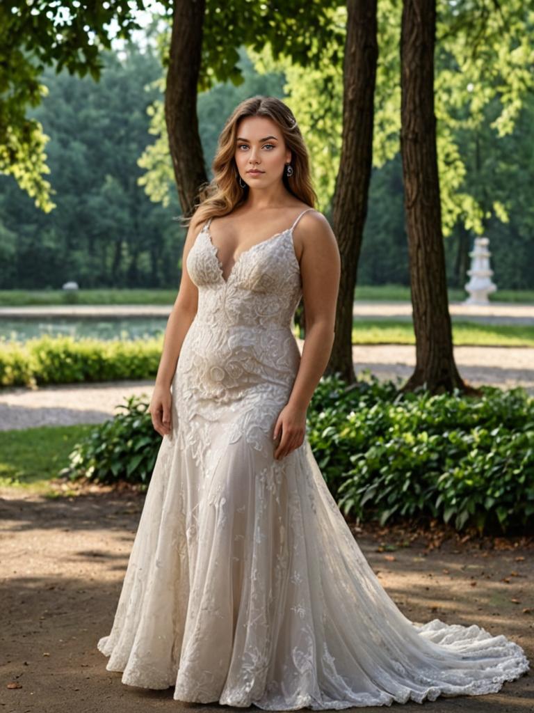 Woman in Sleeveless Lace Wedding Dress in Garden