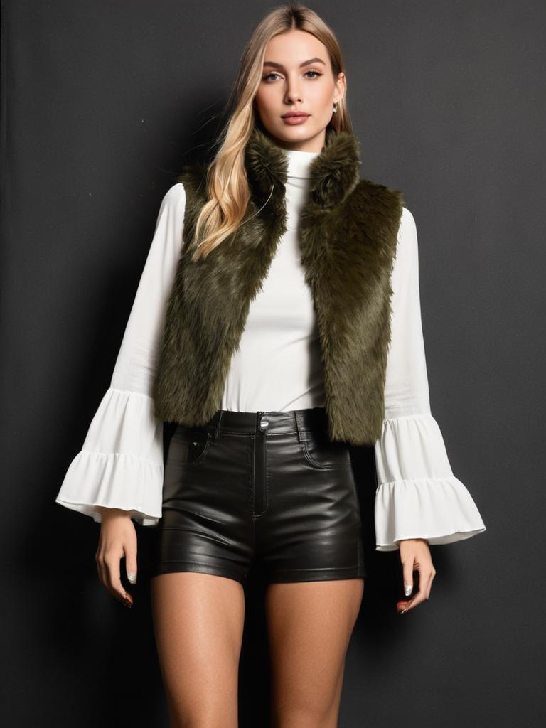 Woman Wearing Chic White Bell Sleeve Blouse with High Neckline and Faux Fur Vest