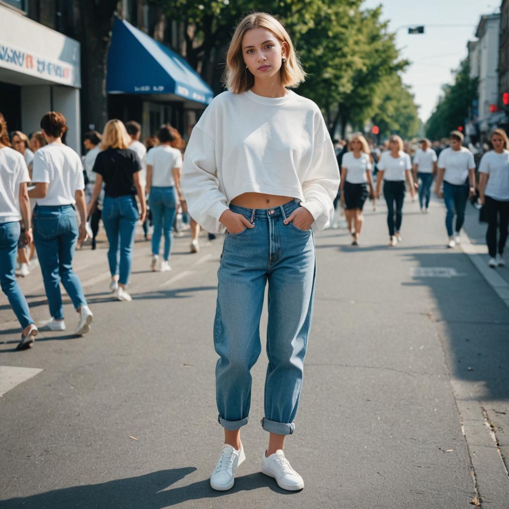 Confident Woman in Casual Fashion on Busy Street