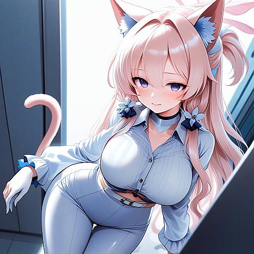 Anime Catgirl Woman in Stylish Blue Outfit - Blue Archive Inspired Artwork