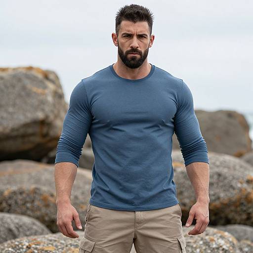 Muscular Man in Blue Long Sleeve Shirt Outdoors by Rocks