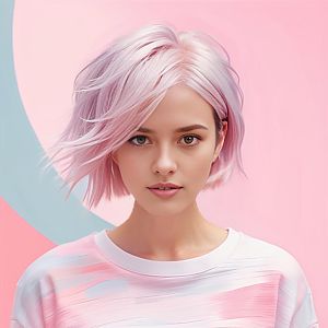 Young Woman with Pastel Pink Hair Against Abstract Background