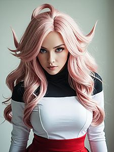 Realistic Cosplay of Android 21 Woman with Pink Hair in Dragon Ball Costume