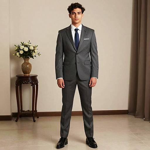 Man in Gray Prom Suit and Tie Standing Indoors