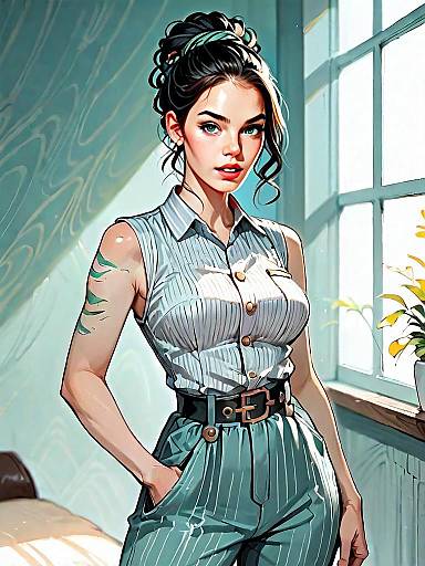 Stylish Young Woman by Window in Semi-Realistic Digital Art