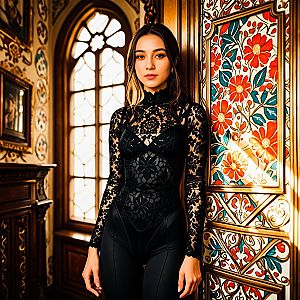 Elegant Woman in Black Lace Bodysuit in Luxurious Interior