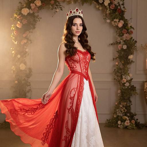 Elegant Woman in Red and White Lace Gown with Crown in Floral Setting