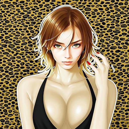 Anime Woman with Leopard Print Background and Black Halter Top Illustration